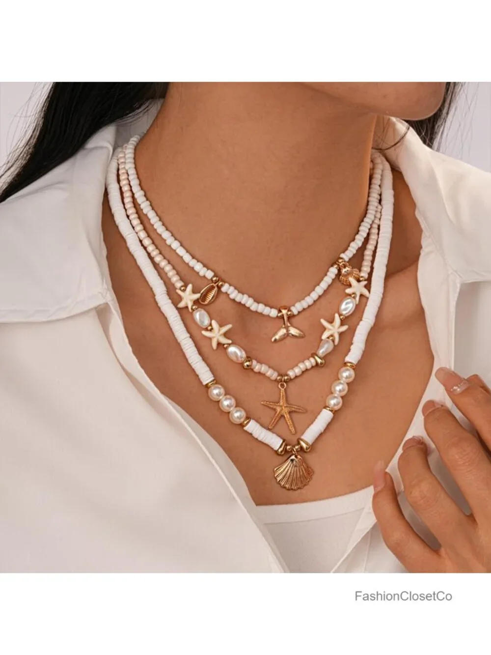 18k Gold Plated Starfish Seashell Charm Necklace Adjustable Beachy Stackable